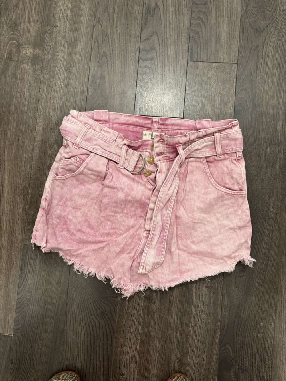 We The Free Washed Pink High-Rise Denim Shorts with Self-Tie Belt